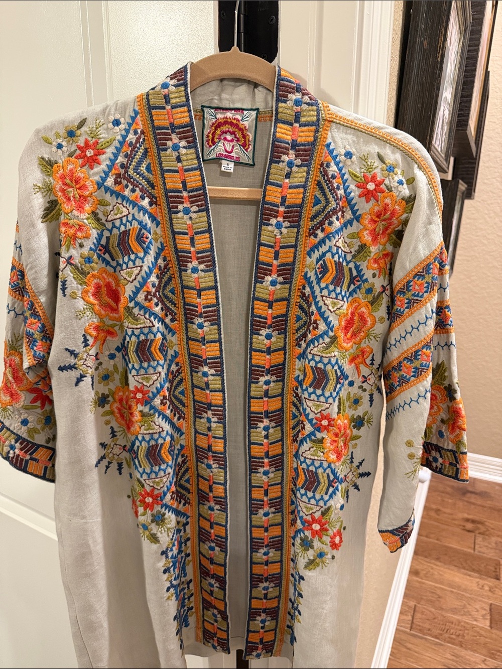 Johnny Was Embroidered Floral Kimono in Cream, Orange & Blue